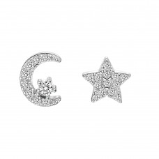 925 Sterling Silver Moon & Star CZ Earrings Butterfly Push Back Studs