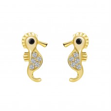 14K Yellow Gold Plated 925 Sterling Silver Seahorse CZ Earrings Butterfly Push Back Studs