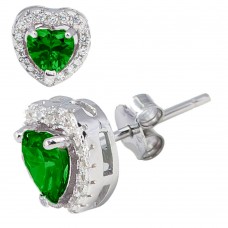 Sterling Silver May Emerald Birthstone Heart Stud Earrings