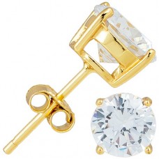 Gold Plated Sterling Silver Round Cubic Zirconia Gem Stud Earrings, Size: 9 mm