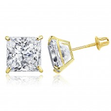 8 mm, 14K Solid Yellow Gold Princess-Cut Solitaire CZ Stud Screw Back Earrings