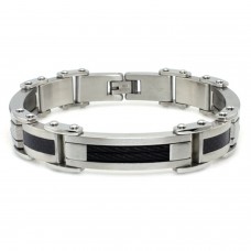 Stainless Steel Carbon Fiber & Black Cable Link Bracelet