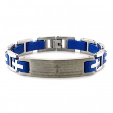 Stainless Steel Lord's Prayer Blue Rubber Inlay Link Bracelet