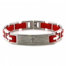 Stainless Steel Lord's Prayer Red Rubber Inlay Link Bracelet