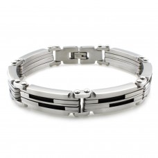 Stainless Steel Dual Black Cable Inlay Link Bracelet