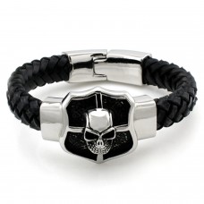 Stainless Steel Skull Shield Leather Rope ID Bracelet