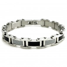 Stainless Steel Black & White Carbon Fiber Inlay Link Bracelet