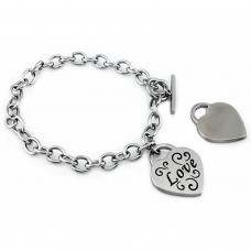 Stainless Steel Love Engraved Heart Charm Toggle Bracelet