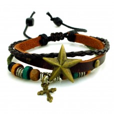 Leather Boho Star and Cross Charm Adjustable Bracelet