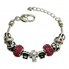 Metal Alloy Multi-color Olive Leaves and Pink Gems Charms Bracelet