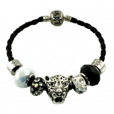 Silver Alloy Cheetah Leopard Bead Charm on Black String Bracelet