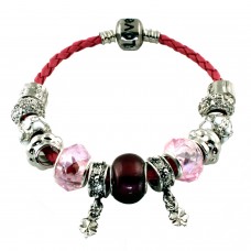 Silver Alloy Pink Crystal and White Enamel on Pink String Bracelet