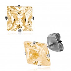 Stainless Steel Princess Cut Gold Cubic Zirconia Stud Earrings, Size: 4 mm