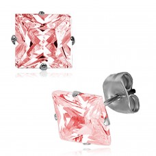 Stainless Steel Princess Cut Pink Cubic Zirconia Stud Earrings, Size: 4 mm