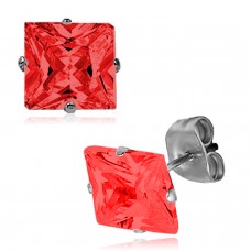 Stainless Steel Princess Cut Red Cubic Zirconia Stud Earrings, Size: 5 mm