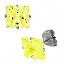 Stainless Steel Princess Cut Yellow Cubic Zirconia Stud Earrings, Size: 3 mm