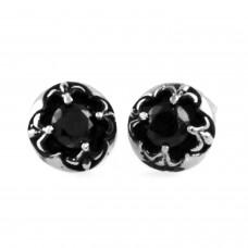 Stainless Steel Fleur de Lis Black Cubic Zirconia Design Stud Earrings