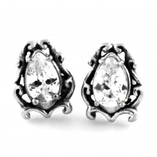 Stainless Steel Cubic Zirconia Tear Drop Floral Design Stud Earrings