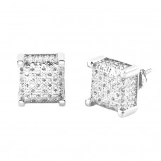 Sterling Silver 0.20 CTW Diamond Princess Cut Pave Prong Earring Studs