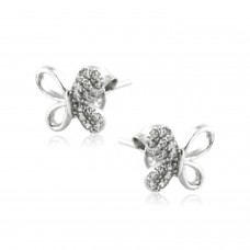 Sterling Silver CZ Half-Paved Butterfly Stud Earrings