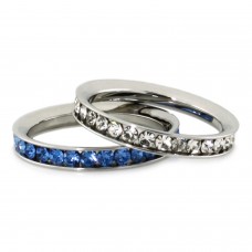 Stainless Steel Eternity 3mm Clear & Blue Sapphire Color Crystal Stackable Rings (2 pieces) Set