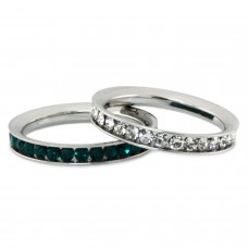 Stainless Steel Eternity 3mm Clear & Emerald Color Crystal Stackable Rings (2 pieces) Set