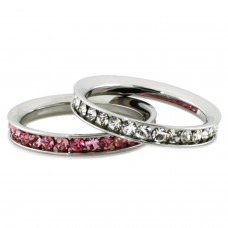 Stainless Steel Eternity 3mm Clear & Rosaline Color Crystal Stackable Rings (2 pieces) Set