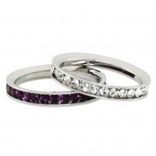 Stainless Steel Eternity 3mm Clear & Amethyst Color Crystal Stackable Rings (2 pieces) Set