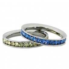 Stainless Steel Eternity 3mm Blue Sapphire & Citrine Color Crystal Stackable Rings (2 pieces) Set