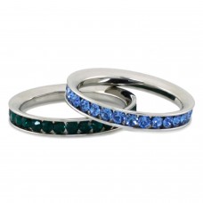 Stainless Steel Eternity 3mm Blue Sapphire & Emerald Color Crystal Stackable Rings (2 pieces) Set