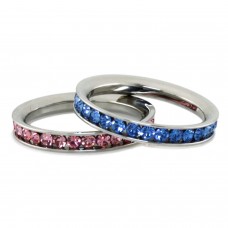 Stainless Steel Eternity 3mm Blue Sapphire & Rosaline Color Crystal Stackable Rings (2 pieces) Set