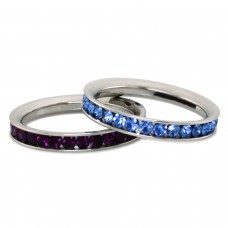 Stainless Steel Eternity 3mm Blue Sapphire & Amethyst Color Crystal Stackable Rings (2 pieces) Set