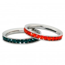 Stainless Steel Eternity 3mm Hyacinth & Emerald Color Crystal Stackable Rings (2 pieces) Set