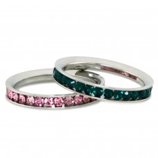 Stainless Steel Eternity 3mm Emerald & Rosaline Color Crystal Stackable Rings (2 pieces) Set