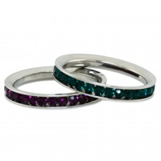 Stainless Steel Eternity 3mm Emerald & Amethyst Color Crystal Stackable Rings (2 pieces) Set