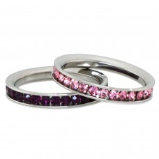 Stainless Steel Eternity 3mm Rosaline & Amethyst Color Crystal Stackable Rings (2 pieces) Set