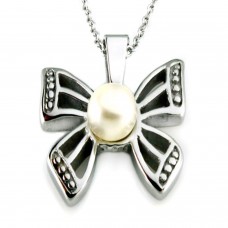 Stainless Steel White Pearl Pendant in Butterfly Setting