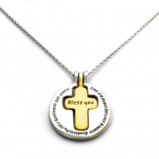 Two Tone Stainless Steel Religious Inspirational Words Cross Disc Pendant