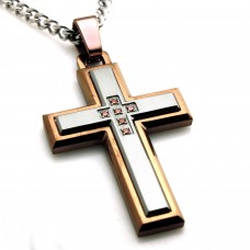 Stainless Steel Two Tone Layered Cubic Zirconia Cross Pendant