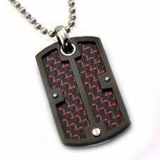 Stainless Steel Red & Black Carbon Fiber Inlay Dog Tag Screw Pendant