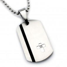 Two-Tone Stainless Steel Cubic Zirconia Brush Finish Dog Tag Cross Pendant