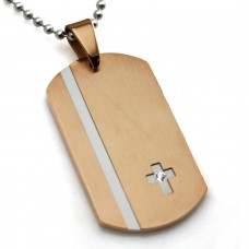 Stainless Steel Rose Gold Plated Contemporary Dog Tag Cross CZ Pendant