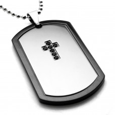 Stainless Steel Two-Toned Black CZ Dark Cross Dog Tag Pendant