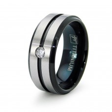 8 mm Black White Two Tone Titanium Wedding Band with CZ