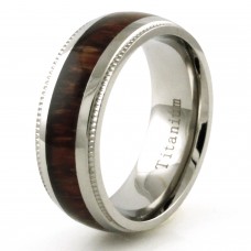 Titanium Dark Brown Wood Inlay Ridged Edges Wedding Band Ring