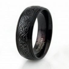 Black Stainless Steel Filigree Floral Engrave Ring