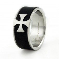 Stainless Steel Cross Leather Inlay Ring