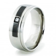 Stainless Steel High Polish Black Enamel Inlay & CZ Ring