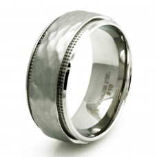 Stainless Steel Hammered Finish Inlay Grooved Edges Ring