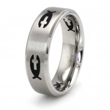 Stainless Steel Black Resin Fish & Cross Ring